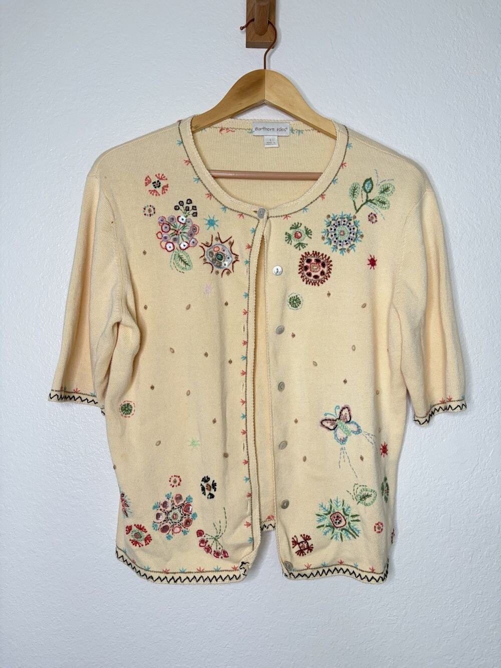 Vintage Northern Isles Embroidered Cottagecore Butter Yellow Cardigan Size Large